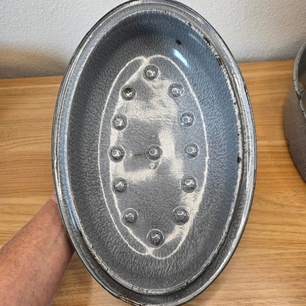 Vintage Gray Enamelware Graniteware Double Handled Roasting Pan Handled Lid
